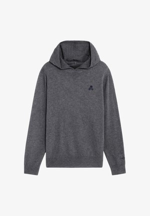 Jersey gris oscuro de manga larga con capucha y un pequeño logo de calavera y huesos cruzados en la parte superior izquierda del pecho.