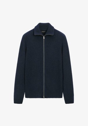Maglione in maglia a coste di colore navy con zip frontale, colletto alto e maniche lunghe. Presenta un tessuto testurizzato e una vestibilità moderna.