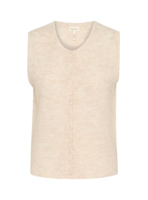 Helles beige ärmelloses Strickwesten mit Rundhalsausschnitt, Knopfleiste und strukturiertem Stoff für zusätzliche Details.