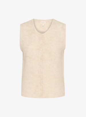 Világos bézs ujjatlan kötött mellény, kerek nyakkivágással, gombos elülső részel és texturált anyaggal a részletgazdagság érdekében.