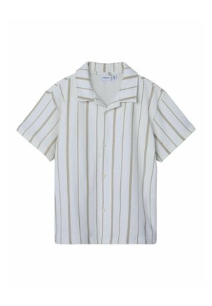 Short-sleeve button-up shirt in white with beige vertical stripes. Features a spread collar and soft, textured fabric.