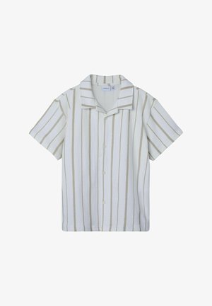 Balta trumpa rankovėmis marškiniai su smėlinėmis vertikaliomis juostelėmis. Savybės: platokos apykaklės ir minkšta, tekstūruota medžiaga.