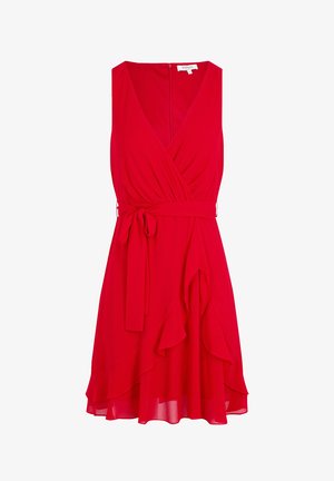 Vestuário vermelho sem mangas com decote em V, design envolvente, cintura amarrada e bainha de camadas com volantes, feito de tecido leve. Fecho com zíper nas costas.