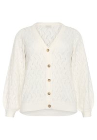 Crème gebreide cardigan met een V-hals, knoopsluiting en pofmouwen met een gemarmerd patroon door het geheel.