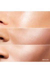 Tre närbilder av hudprover som visar olika toner och texturer med en subtil rosa glöd på den nedre provets kindområde.