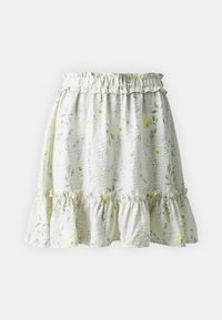 Blomstermønstret, lett skjørt med bølgete kant, elastisk midje og farger i hvitt, grønt og gult. Teksturert stoff.