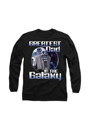 Black long-sleeve shirt featuring a graphic of a robot and the text "GREATEST Dad IN THE Galaxy," with a cosmic background.