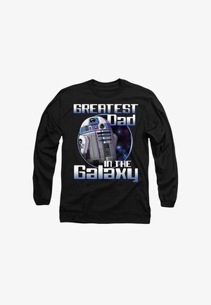 Black long-sleeve shirt featuring a graphic of a robot and the text "GREATEST Dad IN THE Galaxy," with a cosmic background.