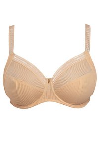 Reggiseno beige con ferretto, strisce verticali, dettagli in pizzo lungo i bordi superiori, spalline regolabili e chiusura con gancio e occhiello nella parte frontale centrale.