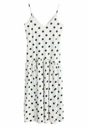 Weißes ärmelloses Midikleid mit schwarzen Polka-Dots, V-Ausschnitt, dünnen Trägern und einem gerafften Rockteil unterhalb der Taille.