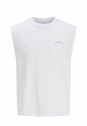 T-shirt blanc sans manches avec col rond, petit texte noir et rose et détail floral sur la partie gauche de la poitrine.