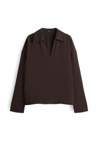 Blouse marron foncé à manches longues avec col large, décolleté en V profond et coupe ample, présentée sur fond blanc.
