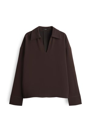 Dark brown long-sleeve blouse with wide collar, deep V-neck opening, and loose fit displayed on white background.