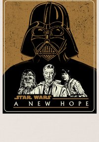 Přilba Dartha Vadera s Chewbaccou, Obi-Wanem Kenobim a Lukem Skywalkerem dole, s nápisem „Star Wars Nová naděje“ na černém a hnědém pozadí.