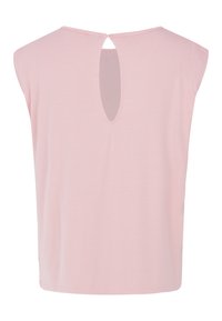 Blusa rosa a maniche corte con scollatura rotonda e dettaglio a buco della serratura sulla schiena. Realizzata in tessuto morbido, presenta un design morbido e orlo dritto.