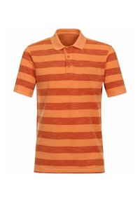 Pomarańczowa koszulka polo z krótkim rękawem w poziome paski w ciemniejszym odcieniu. Posiada zapięcie na trzy guziki oraz małą kieszonkę na piersi.