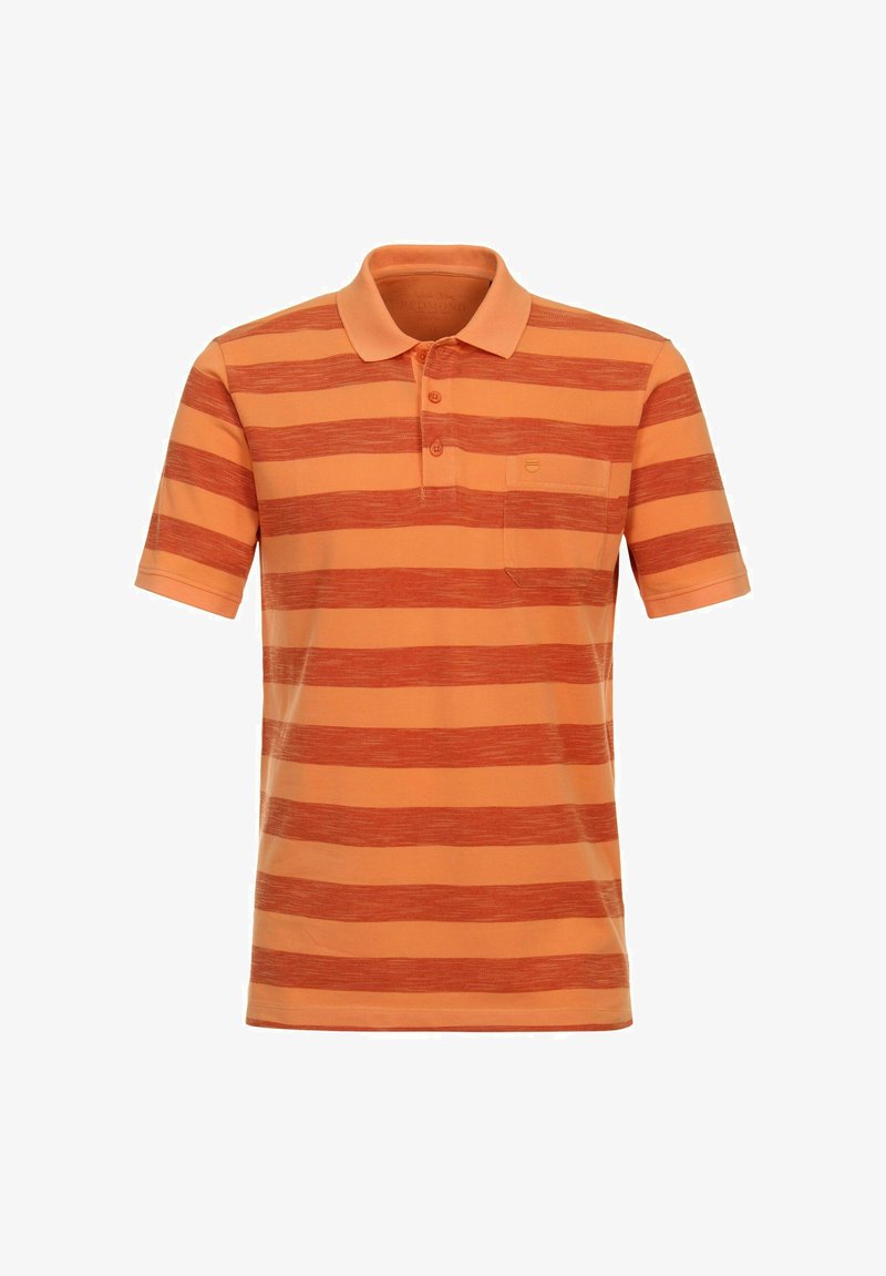Pomarańczowa koszulka polo z krótkim rękawem w poziome paski w ciemniejszym odcieniu. Posiada zapięcie na trzy guziki oraz małą kieszonkę na piersi.
