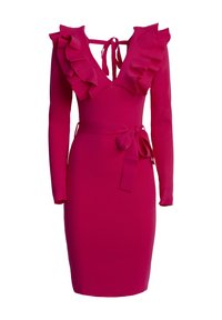 Abito fucsia con maniche lunghe, scollatura a V profonda e dettagli arricciati lungo le spalle. Presenta una vita con lacci e una siluetta aderente. Tessuto elasticizzato.