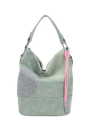 Weiche grüne Wildleder-Hobo-Tasche mit strukturierten grauen und hellgrünen Bereichen, einem einzigen Tragegurt, Metallringen und einer rosa Kordelquaste.