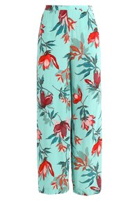 Kwiatowe spodnie szerokie w jasnobłękitnym kolorze, ozdobione dużym czerwono-różowym wzorem kwiatowym, z wygodnym elastycznym pasem.