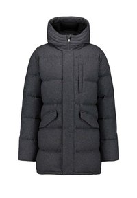 Giubbotto imbottito grigio scuro, con colletto alto, chiusura con zip, una tasca frontale e doppie tasche laterali. Materiale testurizzato e caldo con trapuntatura.