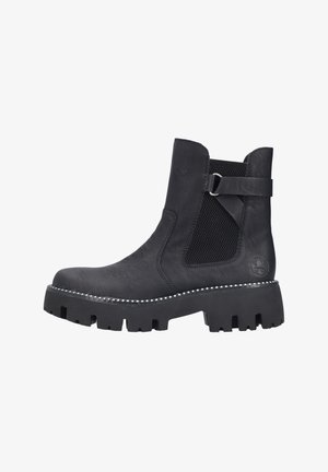 Botas negras hasta el tobillo con un empeine de cuero texturizado, paneles laterales de malla y suela de goma gruesa. Presenta una correa decorativa y costuras en contraste.