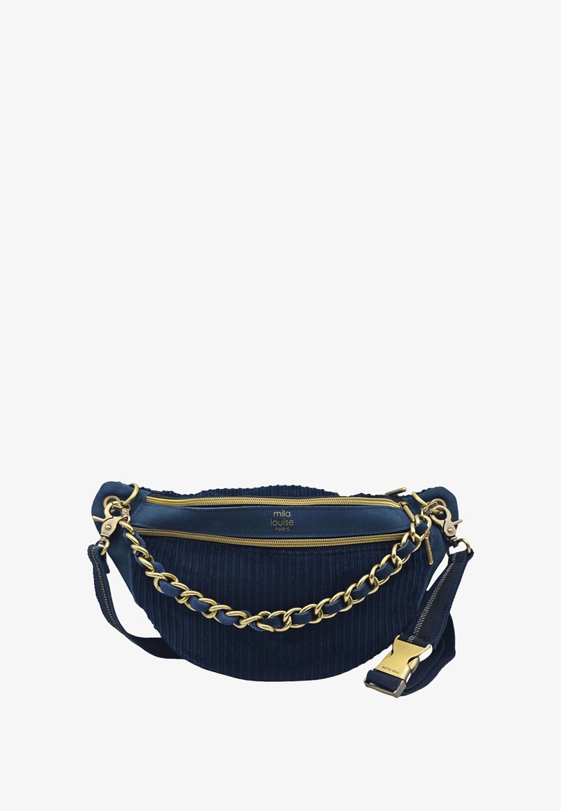 Sac en tissu côtelé bleu marine avec une accent en chaîne dorée, double zips et bandoulière réglable. Présente un logo à l'avant. Forme compacte et arrondie.
