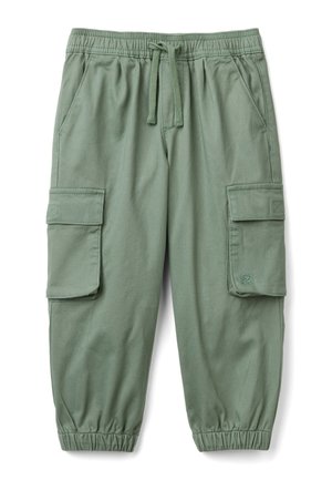 Groene cargobroek met een elastische tailleband, trekkoord, twee zijzakken en twee cargozakken. De stof lijkt soepel en lichtgewicht.