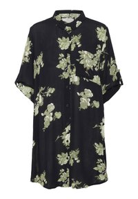 Sort skjorte med korte ærmer, blomsterprint i nuancer af grøn og hvid, knaplukning foran, krave og afslappet pasform. Glat stofstruktur.