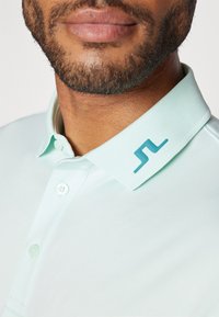 Helles mintgrünes Poloshirt mit einem strukturierten Kragen, ausgestattet mit einem blauen Logoakzent. Der Stoff wirkt glatt und hat einen Knopfverschluss.
