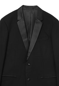 Giacca da smoking nera con revers in satin, chiusura a un bottone e due tasche frontali. Tessuto liscio senza motivi visibili.