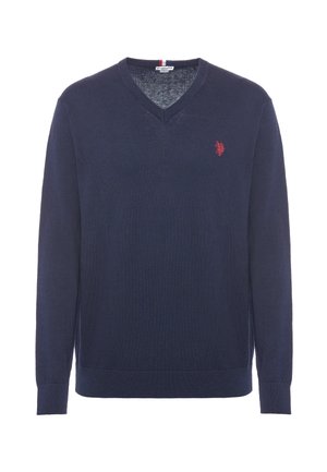 Maglione a V blu navy realizzato in materiale morbido. Presenta maniche lunghe e un piccolo logo rosso sul lato sinistro del petto. Texture liscia, design casual.