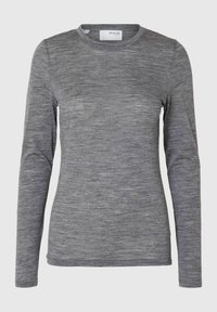 Långärmad t-shirt med rund hals i heathered grått tyg, med en mjuk textur och avslappnad passform. Perfekt för lager-på-lager eller avslappnad användning.