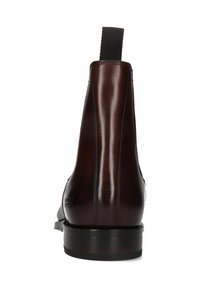 Botín de cuero marrón oscuro con un acabado suave, paneles laterales elásticos y puntera redondeada. Presenta una suela plana y un diseño minimalista.