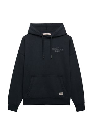 Marineblauwe katoenen hoodie met een voorzak, capuchon met trekkoord en bedrukt logo "SUPERDRY & CO" in lichtgrijs. Geribbelde boorden aan mouwen en zoom.
