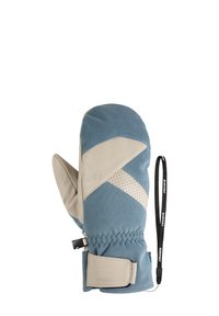 Blaues Stoffhandschuh mit einer cremefarbenen Lederakzent, gerippte Textur, elastisches Handgelenk, verstellbarer Riemen und Perforationen für Atmungsaktivität.