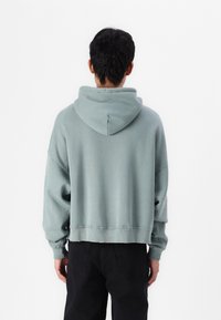 Myntrgrøn cropped sweatshirt med hætte og lange ærmer, der har sidesømme og en afslappet pasform, sat sammen med sorte bukser.