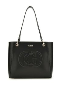 Sac fourre-tout noir en cuir lisse, avec logo embossé, accents métalliques, doubles poignées et une forme rectangulaire structurée.