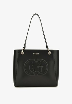 Sac fourre-tout noir en cuir lisse, avec logo embossé, accents métalliques, doubles poignées et une forme rectangulaire structurée.