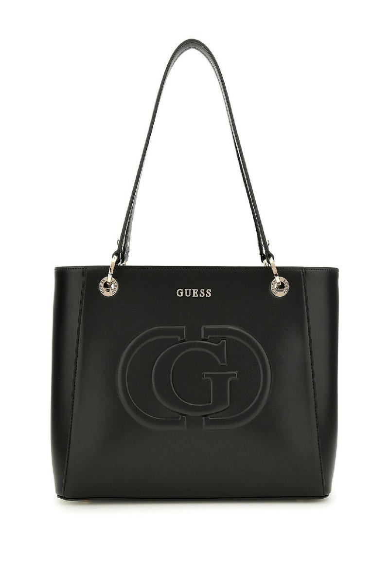 Sac fourre-tout noir en cuir lisse, avec logo embossé, accents métalliques, doubles poignées et une forme rectangulaire structurée.