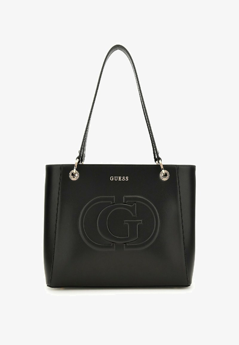 Sac fourre-tout noir en cuir lisse, avec logo embossé, accents métalliques, doubles poignées et une forme rectangulaire structurée.