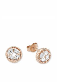 Pendientes de aro en oro rosa con un diseño circular, que presentan cuatro piedras claras en corte marquesa rodeadas por un borde de cuentas.