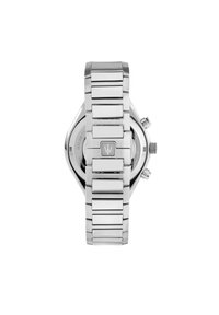 RVS horloge met een hexagonale kast, geïntegreerde RVS armband en een kroon met twee drukknoppen aan de rechterkant.