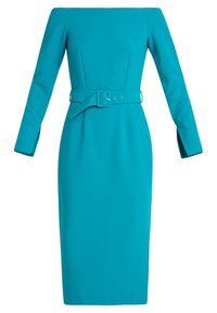 Tyrkysové upnuté šaty s odkrytými rameny, dlouhými rukávy a širokým páskem v pase. Hladká látka se strukturovanou siluetou.