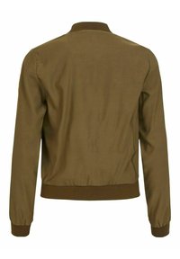 Veste bomber marron à manches longues avec col, poignets et taille côtelés, vue de dos sur un fond blanc.