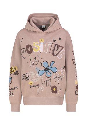 Rosa Kapuzenpulli mit bunten Grafiken und Text, darunter Blumen und das Wort "POSITIVE". Aus weichem Stoff mit einer bequemen Passform gefertigt.