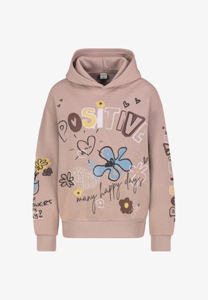 Rosa Kapuzenpulli mit bunten Grafiken und Text, darunter Blumen und das Wort "POSITIVE". Aus weichem Stoff mit einer bequemen Passform gefertigt.