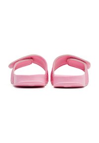 Pink sandals with a smooth finish, featuring two wide straps and a flat sole. The straps have a velcro closure for adjustable fit.