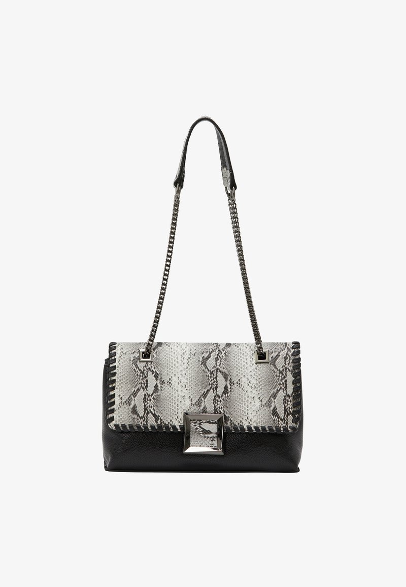 Læderhåndtaske med pythonmønster, sort nederste sektion, sølvfarvet kædestrop og særegent kvadratisk metallic hardware-detalje.