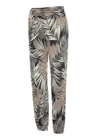 Zwart-wit gemusterde broek met beige palmbladeren, zachte stof, relaxte pasvorm en een elastische tailleband met geplooide details aan de bovenkant.
